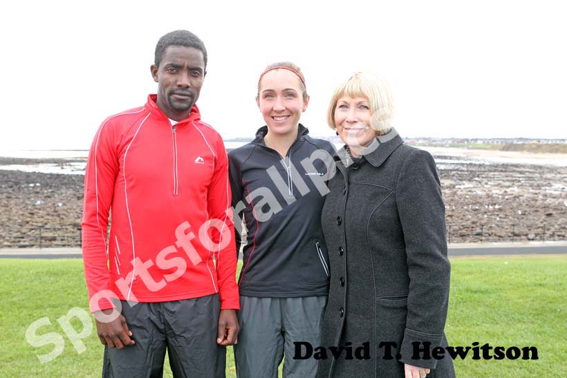 Tadele Geremew Mulugeta mens and Justina Heslop (Clapham Chasers) womens winners and the Mayor of North Tyneside Linda Arkley at the North Tyneside 10k Road Race from North Shields to Whitley Bay.